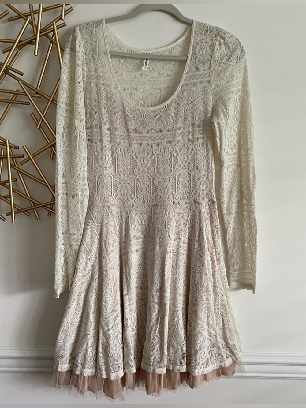 Free People Long Sleeve Cream Lace Tan Underlay Tule Skirt Babydoll Dress - L